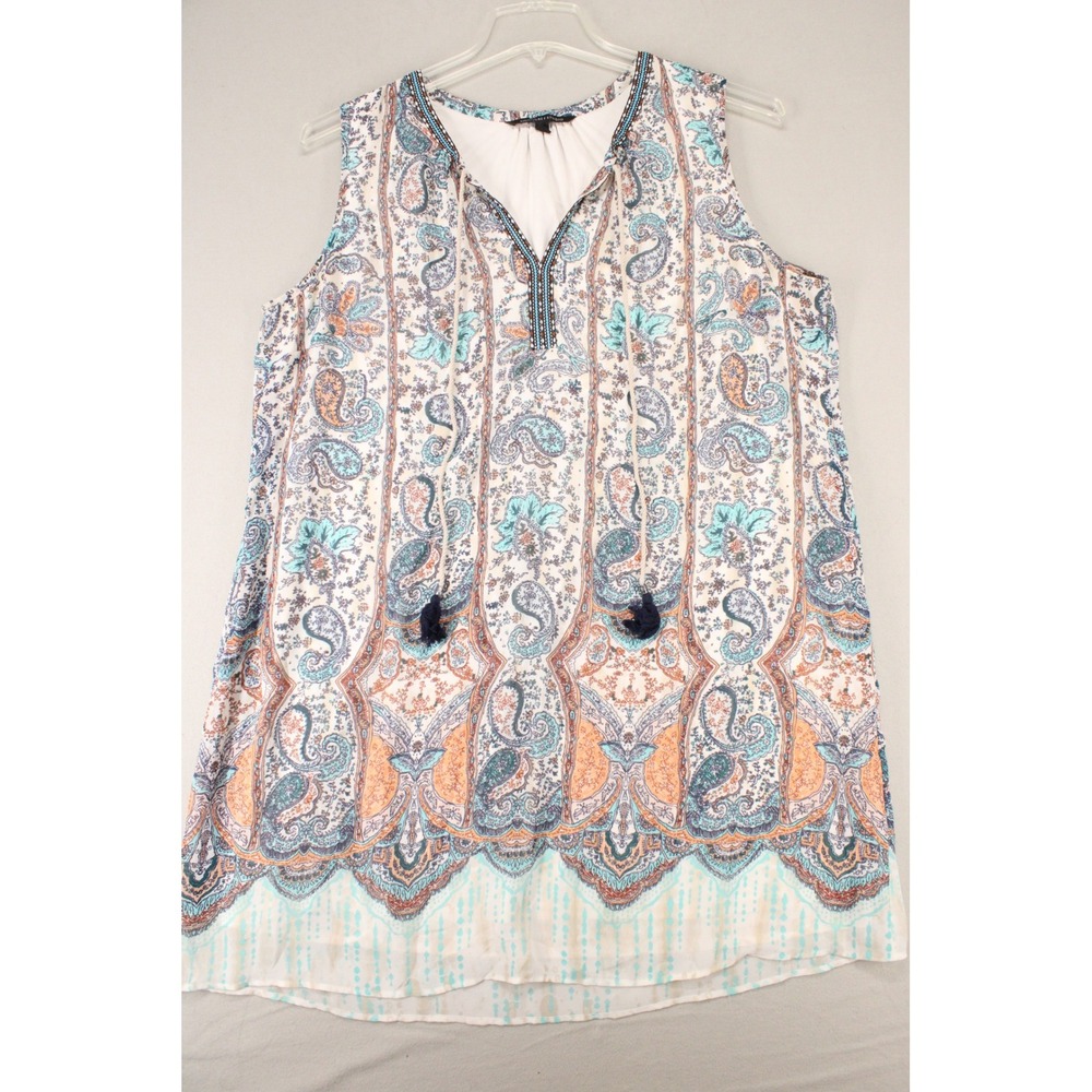 Signature Studio Tunic XL Blue Paisley Sleeveless Tassel Boho Top Polyester